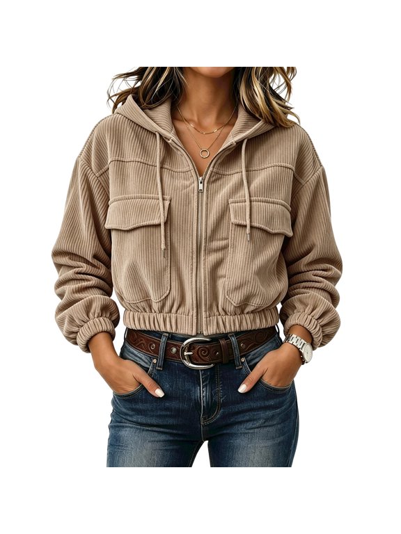 Zip Up Hoodie for Women Corduroy Long Sleeve Crop Jacket Coat