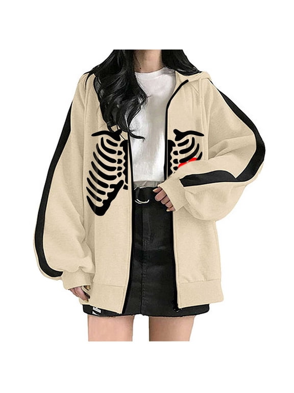 Zip Up Hoodie for Women Goth Skeleton Rib Print Long Sleeve Y2K Streetwear Outerwear Top Fall Winter Oversized Sweatshirts Beige 2XL