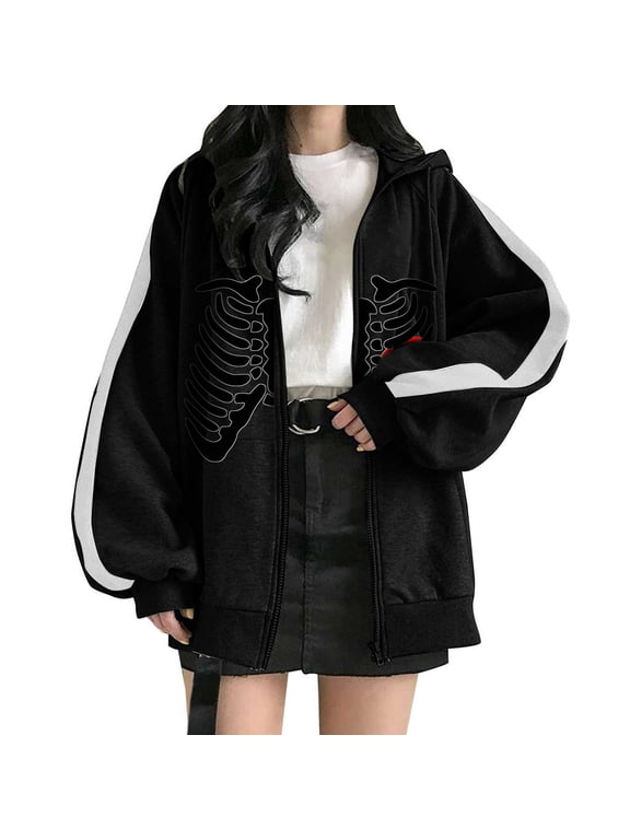 Zip Up Hoodie for Women Goth Skeleton Rib Print Long Sleeve Y2K Streetwear Outerwear Top Fall Winter Oversized Sweatshirts Black M