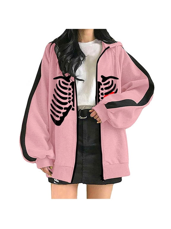 Zip Up Hoodie for Women Goth Skeleton Rib Print Long Sleeve Y2K Streetwear Outerwear Top Fall Winter Oversized Sweatshirts Pink S