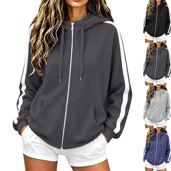 Zip Up Hoodie for Women Long Sleeve Drawstring Oversized Sweatshirt Jacket Side White Stripe Sweatshirts Dark Gray S