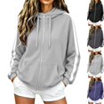 thumbnail image 1 of Zip Up Hoodie for Women Long Sleeve Drawstring Oversized Sweatshirt Jacket Side White Stripe Sweatshirts Light Gray L, 1 of 8