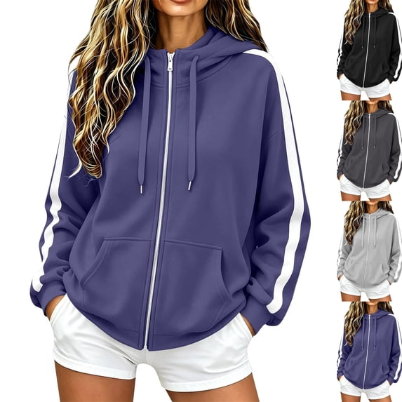 Zip Up Hoodie for Women Long Sleeve Drawstring Oversized Sweatshirt Jacket Side White Stripe Sweatshirts Navy 2XL