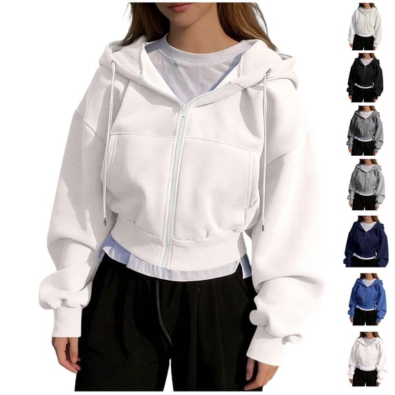 Zip Up Hoodie for Women Long Sleeve Plain Drawstring Hooded Sweatshirt Solid Color Fall Clothes Y2k Fashion Jackets