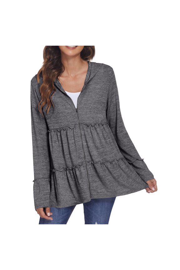 Zip Up Hoodie for Women Long Sleeve Tops Pleated Tiered Ruffle Hooded Tops Sweatshirts Jacket Casual Dressy Shirts