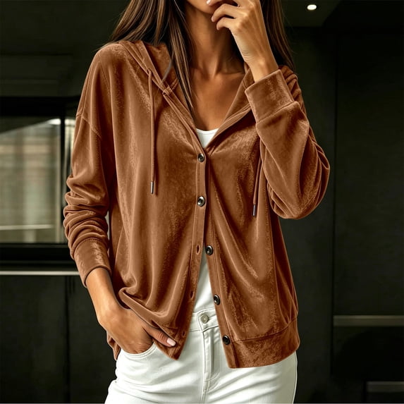Zip Up Hoodie for Women Oversized Button‑Front Velour Cardigan Long Sleeve Zip‑Up Sweatshirt Loungewear Casual Loose Pullover Tops Brown 4XL