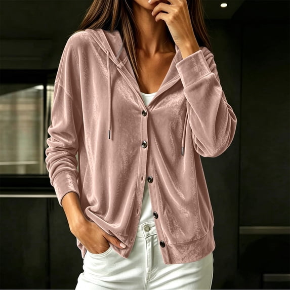 Zip Up Hoodie for Women Oversized Button‑Front Velour Cardigan Long Sleeve Zip‑Up Sweatshirt Loungewear Casual Loose Pullover Tops RD1 S