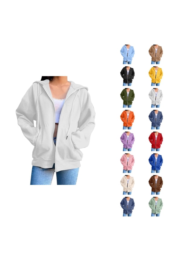 Plain Zip Up Hoodie for Women with Pockets Long Sleeve Casual Zip Up Hooded Sweatshirt Coat Outerwear