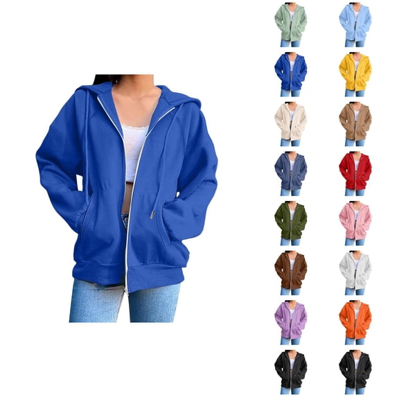 Zip Up Hoodie for Women with Pockets Long Sleeve Solid Color Cardigan Sweatshirt Jacket Coat