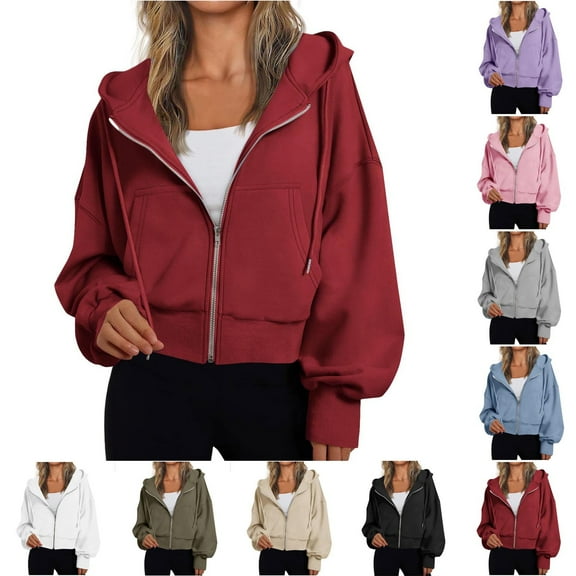 Zip Up Hoodie for Womens Pullover Fashion Plus Size Loose Long Sleeve Pullover Hoodie Solid Color Sweatshirt Fleece Jacket Coat