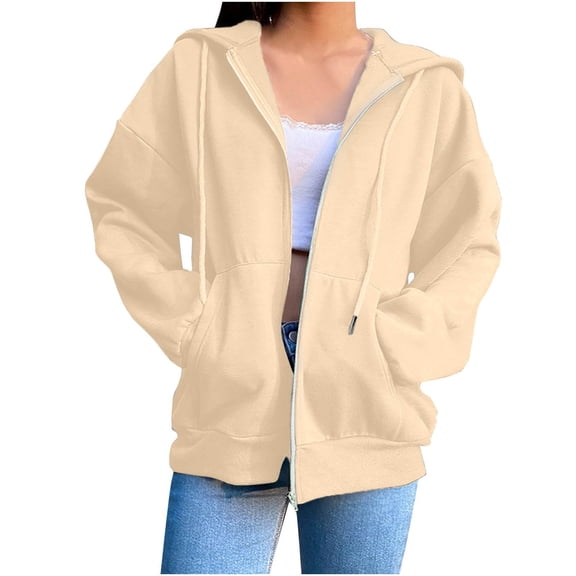 Zip Up Hoodie for Womens Pullover Fashion Plus Size Solid Color Off Shoulder Sleeves Long Sleeved Top Hooded Sweatshirt
