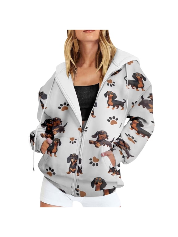 Zip Up Hoodie with Dachshund Dog Print, Women's Graphic Fleece Sweatshirt, Casual Loose Fit Jacket for Dog Lovers