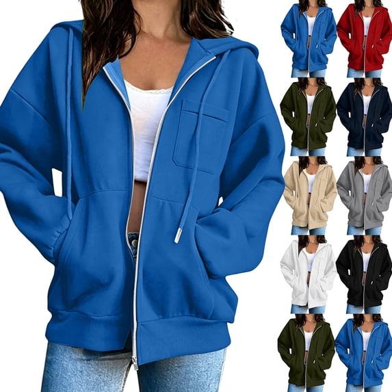 Zip Up Hoodies Dqueduo Women's Solid Color Full-Zip Hooded Long-Sleeve Sweatshirt Cardigan with Pockets Blue XL