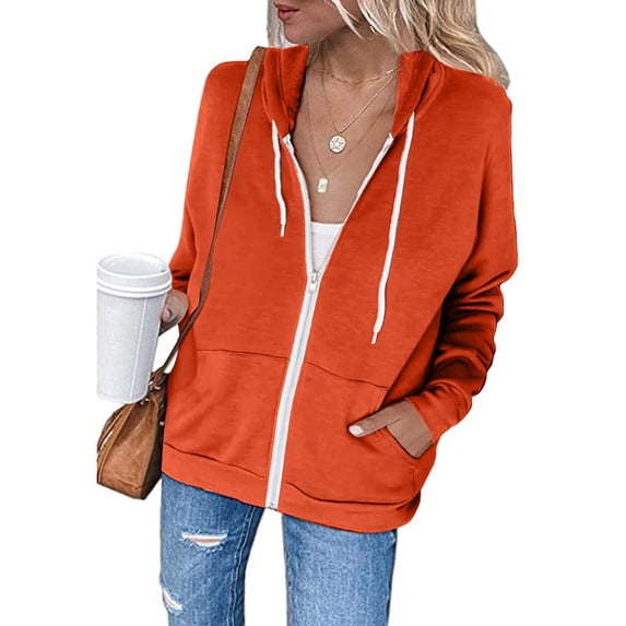 Zip Up Hoodies For Women Casual Hooded Slim Zipper Fleece Sweater Coat on Clearance