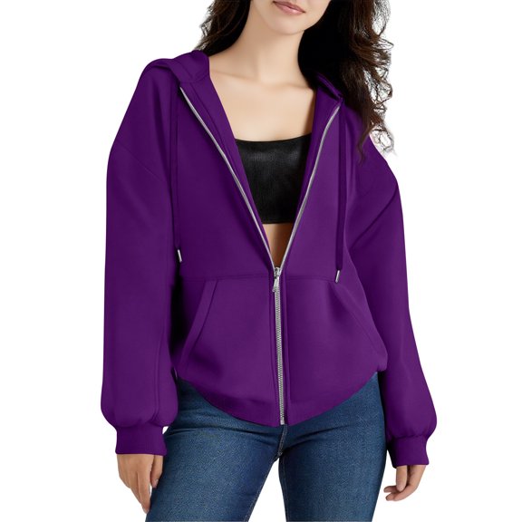 Zip Up Hoodies For Women Cropped Sweatshirts Fall Fashion Outfits 2025 Y2k Fleece Teen Girls Clothes 10-Purple M