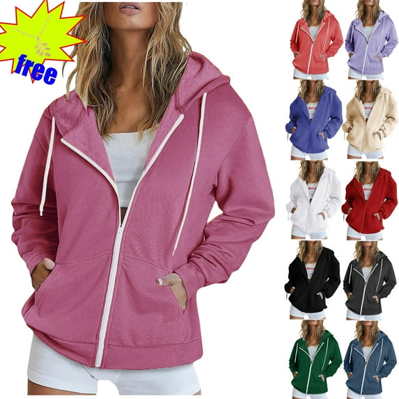 Zip Up Hoodies For Women Zipper V-Neck Pullover Tops Long Sleeve Hooded Blouse Sweatshirt on Clearance
