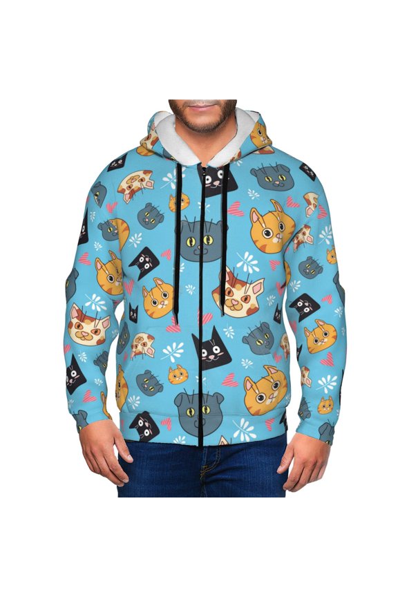 Zip Up Hoodies for Men - Abstract Cute Cartoon Cat Face Long Sleeve Comfrt Men'S Fashion Hoodies & Sweatshirts, Jackets for Men Hoodies Pullover Clothing Clothes with Pouch