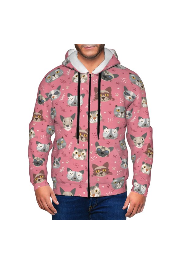 Zip Up Hoodies for Men - Abstract Cute Cat Face Pink Long Sleeve Comfrt Men'S Fashion Hoodies & Sweatshirts, Jackets for Men Hoodies Pullover Clothing Clothes with Pouch