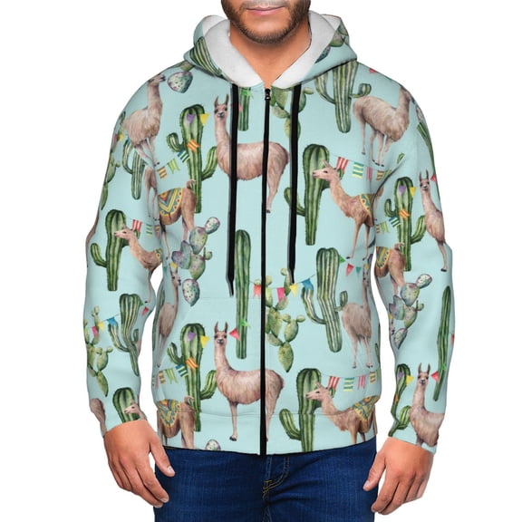 Zip Up Hoodies for Men - Alpaca llama cactus flag green Long Sleeve Comfrt Men'S Fashion Hoodies & Sweatshirts, Jackets for Men Hoodies Pullover Clothing Clothes with Pouch