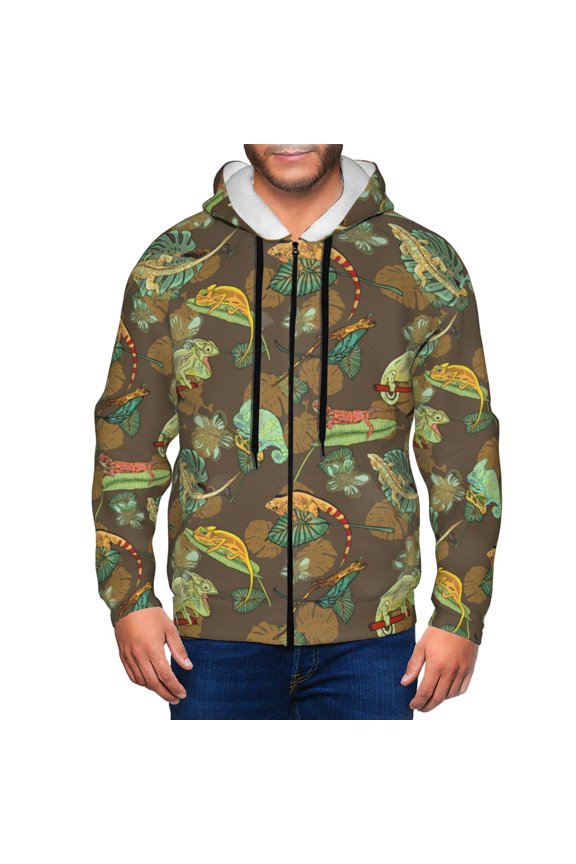 Zip Up Hoodies for Men - Artistic Cute Lizard Chameleon Green Long Sleeve Comfrt Men'S Fashion Hoodies & Sweatshirts, Jackets for Men Hoodies Pullover Clothing Clothes with Pouch