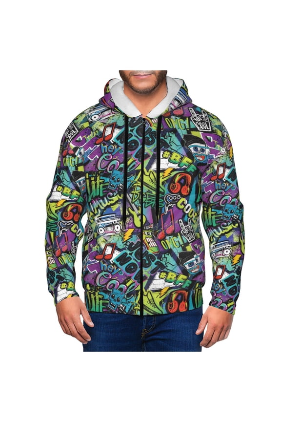 Zip Up Hoodies for Men - Artistic Graffiti Instrument Notes Long Sleeve Comfrt Men'S Fashion Hoodies & Sweatshirts, Jackets for Men Hoodies Pullover Clothing Clothes with Pouch