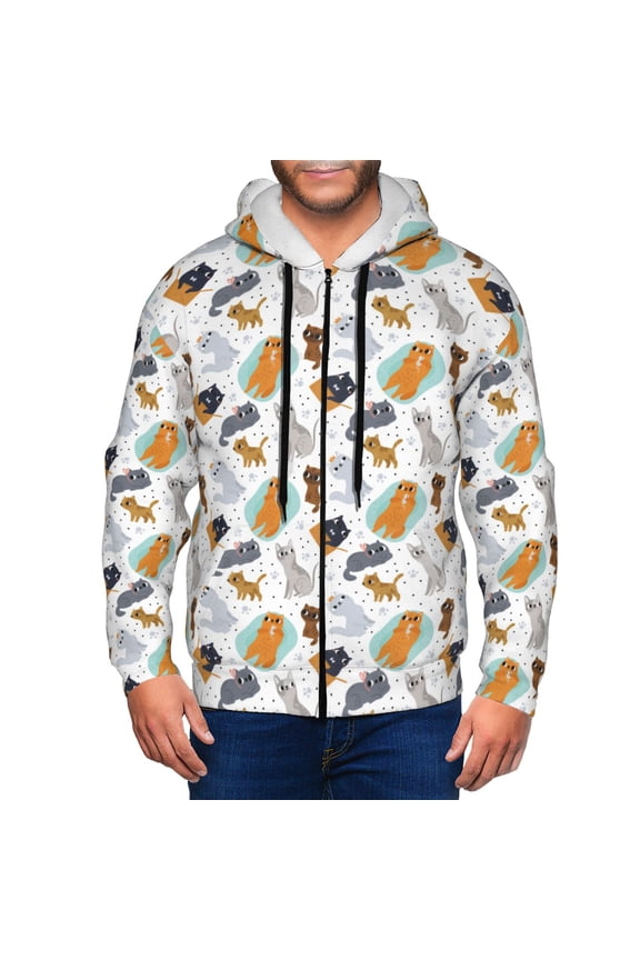 Zip Up Hoodies for Men - Artistic Painted Cute Cartoon Cat Long Sleeve Comfrt Men'S Fashion Hoodies & Sweatshirts, Jackets for Men Hoodies Pullover Clothing Clothes with Pouch