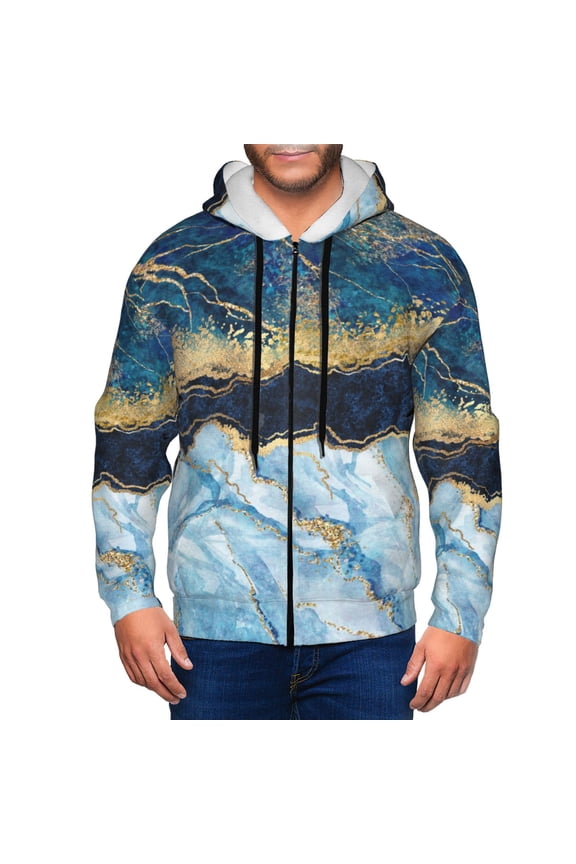 Zip Up Hoodies for Men - Blue Marble Gold Foil Glitter Decor Long Sleeve Comfrt Men'S Fashion Hoodies & Sweatshirts, Jackets for Men Hoodies Pullover Clothing Clothes with Pouch