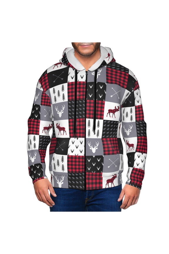 Zip Up Hoodies for Men - Buffalo plaid Elk arrows deer moose Long Sleeve Comfrt Men'S Fashion Hoodies & Sweatshirts, Jackets for Men Hoodies Pullover Clothing Clothes with Pouch
