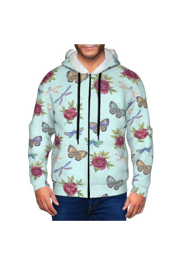 Zip Up Hoodies for Men - Butterfly Dragonfly Carnation Long Sleeve Comfrt Men'S Fashion Hoodies & Sweatshirts, Jackets for Men Hoodies Pullover Clothing Clothes with Pouch
