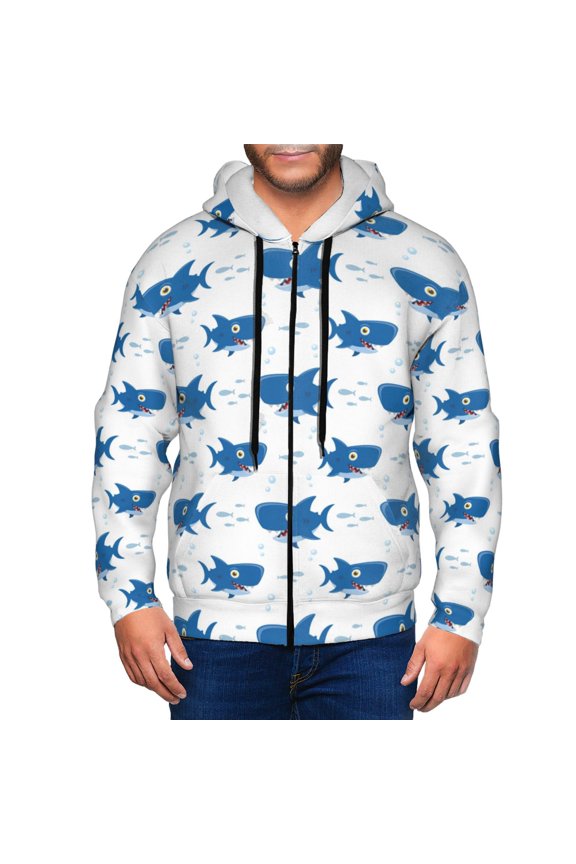 Zip Up Hoodies for Men - Cartoon Cute Shark Blue_A Long Sleeve Comfrt Men'S Fashion Hoodies & Sweatshirts, Jackets for Men Hoodies Pullover Clothing Clothes with Pouch