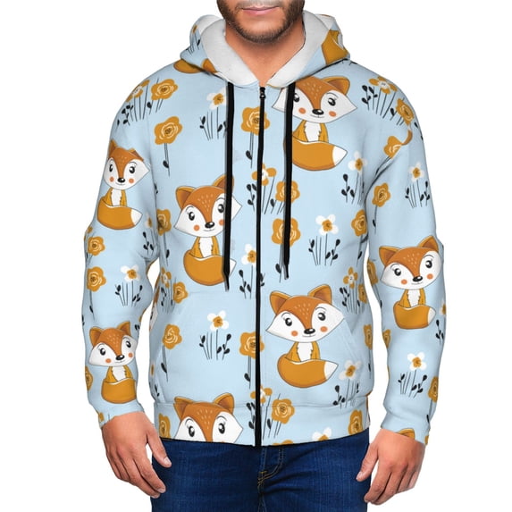 Zip Up Hoodies for Men - Cartoon Flower Fox Blue Long Sleeve Comfrt Men'S Fashion Hoodies & Sweatshirts, Jackets for Men Hoodies Pullover Clothing Clothes with Pouch