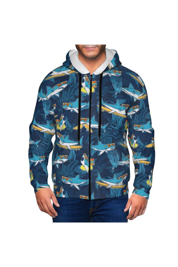 Zip Up Hoodies for Men - Cartoon Surfer Sharks Long Sleeve Comfrt Men'S Fashion Hoodies & Sweatshirts, Jackets for Men Hoodies Pullover Clothing Clothes with Pouch