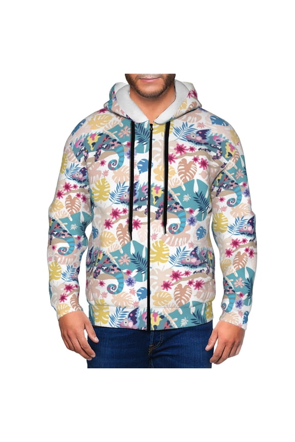 Zip Up Hoodies for Men - Colorful Chameleon Lizard Monstera Long Sleeve Comfrt Men'S Fashion Hoodies & Sweatshirts, Jackets for Men Hoodies Pullover Clothing Clothes with Pouch