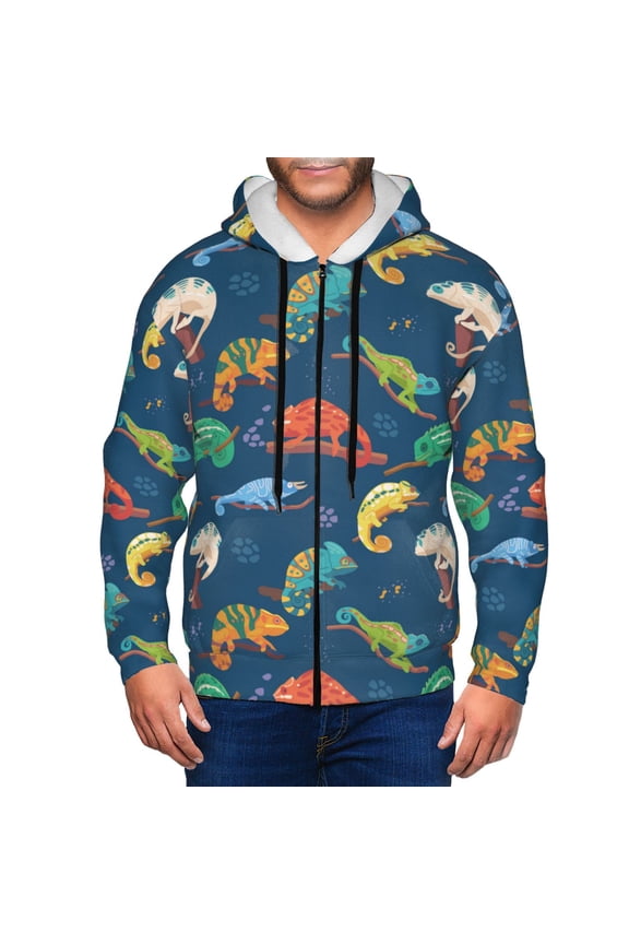 Zip Up Hoodies for Men - Colorful Cute Chameleon Lizard_A Long Sleeve Comfrt Men'S Fashion Hoodies & Sweatshirts, Jackets for Men Hoodies Pullover Clothing Clothes with Pouch