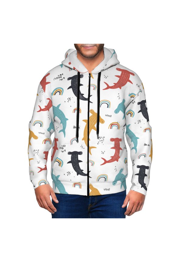 Zip Up Hoodies for Men - Colorful Rainbow Hammerhead Shark Long Sleeve Comfrt Men'S Fashion Hoodies & Sweatshirts, Jackets for Men Hoodies Pullover Clothing Clothes with Pouch