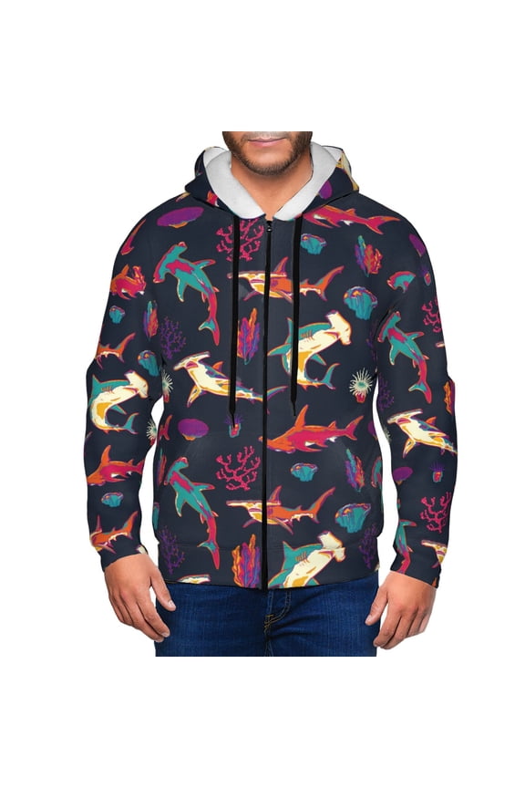 Zip Up Hoodies for Men - Colorful coral hammerhead shark Long Sleeve Comfrt Men'S Fashion Hoodies & Sweatshirts, Jackets for Men Hoodies Pullover Clothing Clothes with Pouch