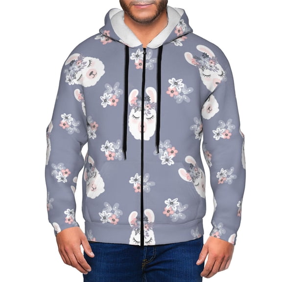 Zip Up Hoodies for Men - Cute Alpaca Face Flower Long Sleeve Comfrt Men'S Fashion Hoodies & Sweatshirts, Jackets for Men Hoodies Pullover Clothing Clothes with Pouch