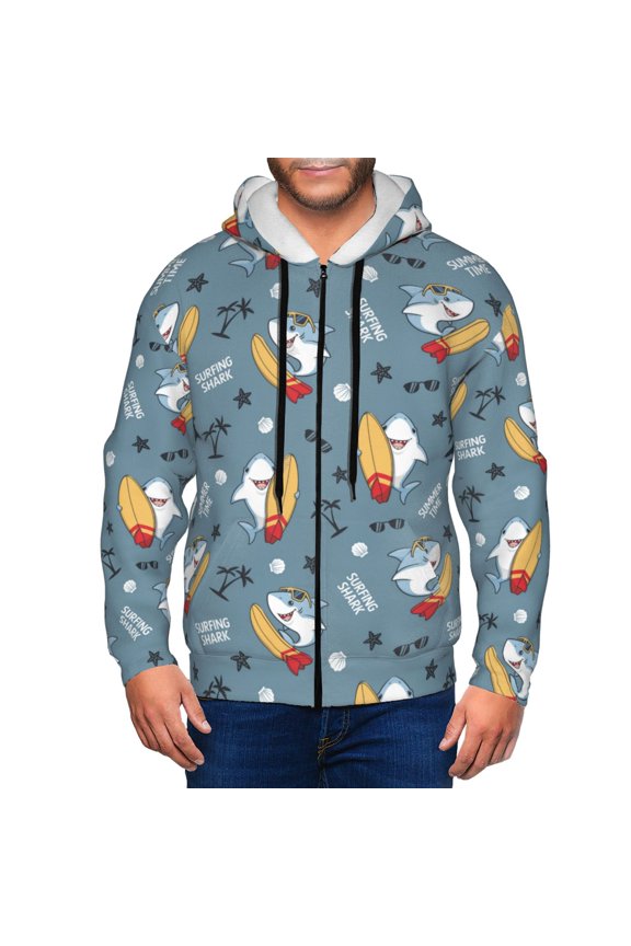 Zip Up Hoodies for Men - Cute Cartoon Surfer Shark Long Sleeve Comfrt Men'S Fashion Hoodies & Sweatshirts, Jackets for Men Hoodies Pullover Clothing Clothes with Pouch