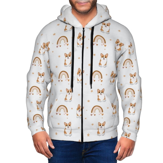 Zip Up Hoodies for Men - Cute Corgi Dog Funny White Long Sleeve Comfrt Men'S Fashion Hoodies & Sweatshirts, Jackets for Men Hoodies Pullover Clothing Clothes with Pouch