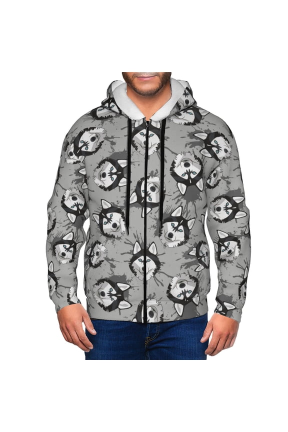 Zip Up Hoodies for Men - Cute Funny Husky Gray Long Sleeve Comfrt Men'S Fashion Hoodies & Sweatshirts, Jackets for Men Hoodies Pullover Clothing Clothes with Pouch