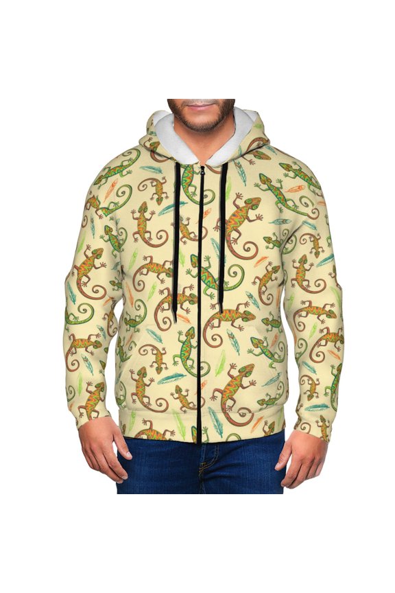 Zip Up Hoodies for Men - Cute Gecko Lizard Feathers Long Sleeve Comfrt Men'S Fashion Hoodies & Sweatshirts, Jackets for Men Hoodies Pullover Clothing Clothes with Pouch