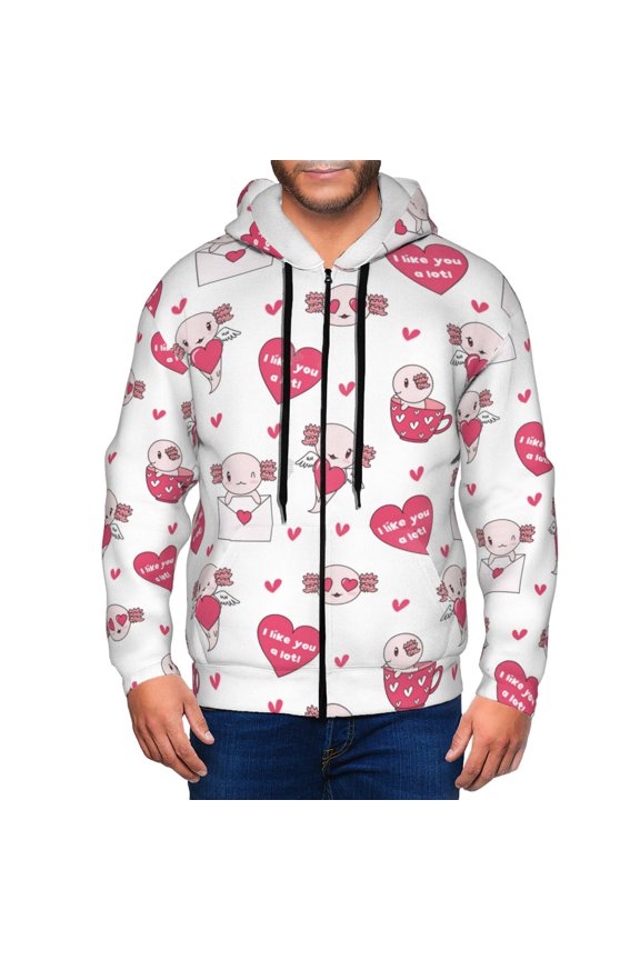 Zip Up Hoodies for Men - Cute Valentine Axolotl cup heart Long Sleeve Comfrt Men'S Fashion Hoodies & Sweatshirts, Jackets for Men Hoodies Pullover Clothing Clothes with Pouch