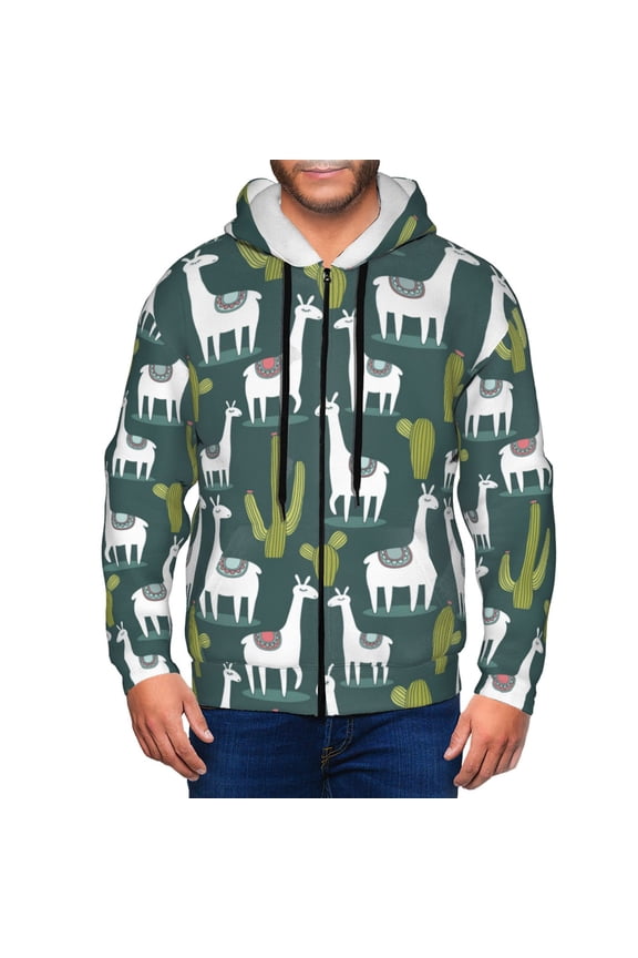 Zip Up Hoodies for Men - Cute alpaca Lamas cacti Long Sleeve Comfrt Men'S Fashion Hoodies & Sweatshirts, Jackets for Men Hoodies Pullover Clothing Clothes with Pouch
