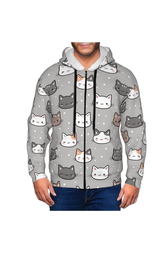 Zip Up Hoodies for Men - Elegant Cartoon Cute Cat Face Long Sleeve Comfrt Men'S Fashion Hoodies & Sweatshirts, Jackets for Men Hoodies Pullover Clothing Clothes with Pouch