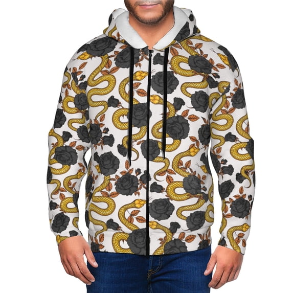 Zip Up Hoodies for Men - Elegant Snake Golden Flower Black Long Sleeve Comfrt Men'S Fashion Hoodies & Sweatshirts, Jackets for Men Hoodies Pullover Clothing Clothes with Pouch