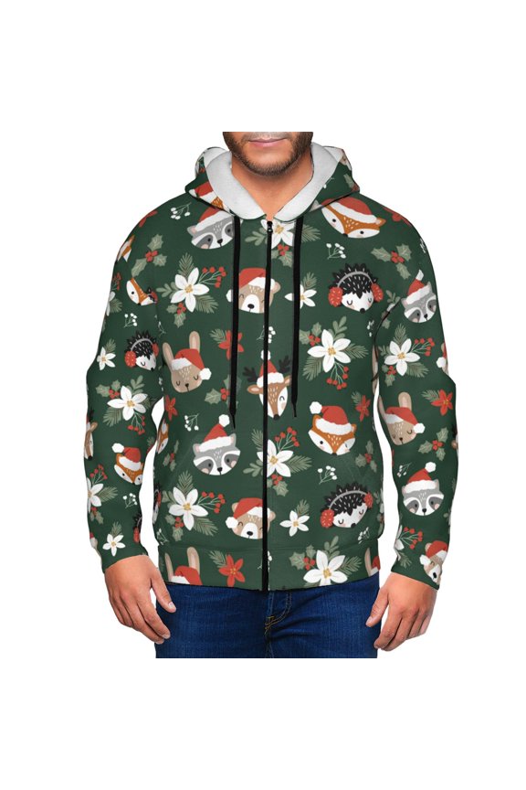 Zip Up Hoodies for Men - Festive Forest Friends Long Sleeve Comfrt Men'S Fashion Hoodies & Sweatshirts, Jackets for Men Hoodies Pullover Clothing Clothes with Pouch