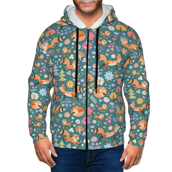Zip Up Hoodies for Men - Foxes and Birds in Forest Long Sleeve Comfrt Men'S Fashion Hoodies & Sweatshirts, Jackets for Men Hoodies Pullover Clothing Clothes with Pouch