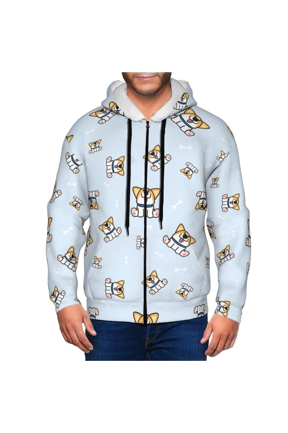 Zip Up Hoodies for Men - Funny Cute Corgi Dog Blue Long Sleeve Comfrt Men'S Fashion Hoodies & Sweatshirts, Jackets for Men Hoodies Pullover Clothing Clothes with Pouch