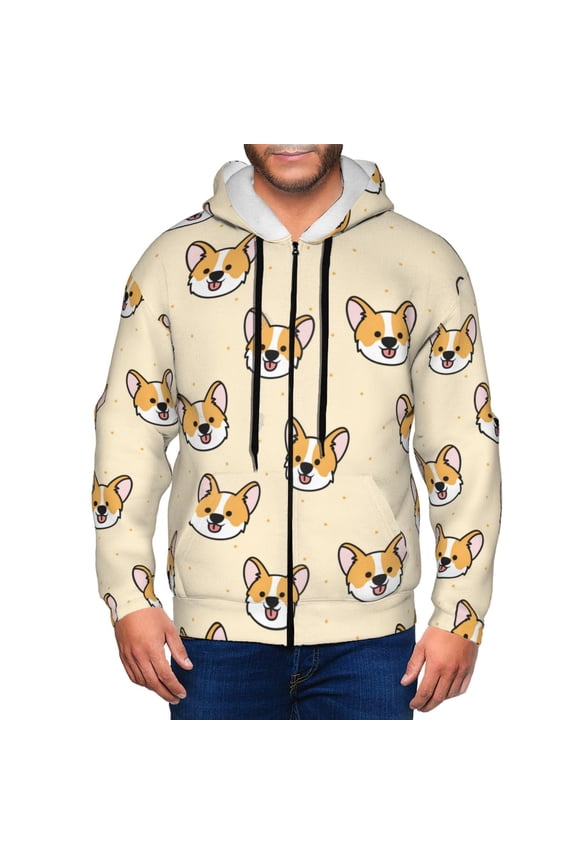 Zip Up Hoodies for Men - Funny Cute Corgi Dog Face Long Sleeve Comfrt Men'S Fashion Hoodies & Sweatshirts, Jackets for Men Hoodies Pullover Clothing Clothes with Pouch
