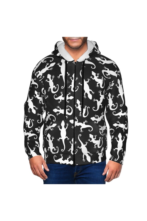 Zip Up Hoodies for Men - Gecko Lizard Black White Long Sleeve Comfrt Men'S Fashion Hoodies & Sweatshirts, Jackets for Men Hoodies Pullover Clothing Clothes with Pouch